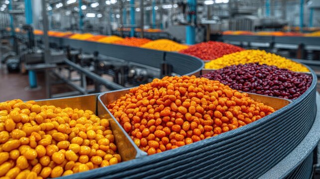 Vibrant Colors of Candied Fruit on Production Line in Food Processing Factory