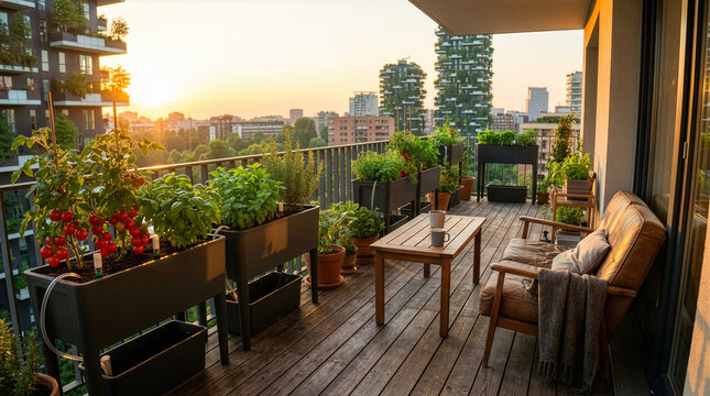 Urban balcony vegetable garden with tomatoes and herbs at sunset
