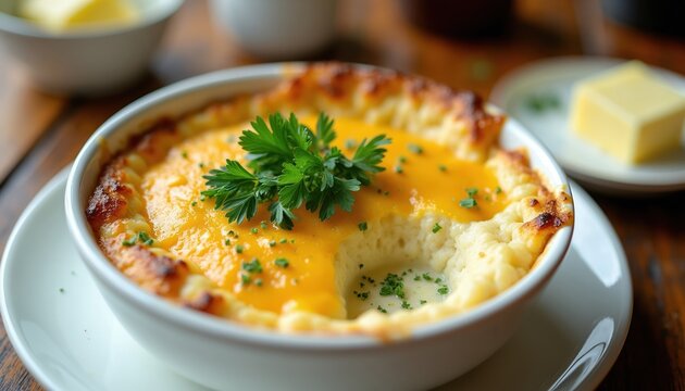 Creamy baked grits with melted cheese and fresh parsley garnish in white bowl. Savory, cheesy comfort food served warm in a rustic setting, perfect for breakfast or side dish.