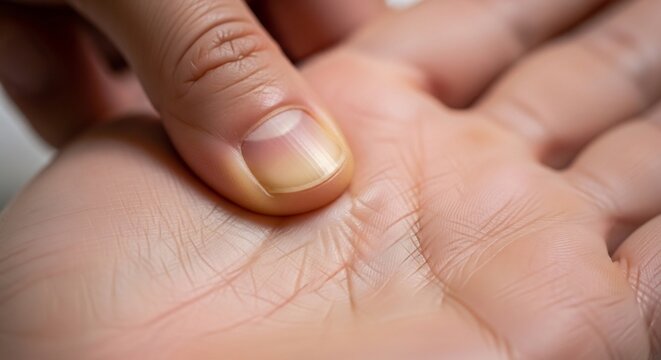 Close-up of a finger pressing on a palm reading line.