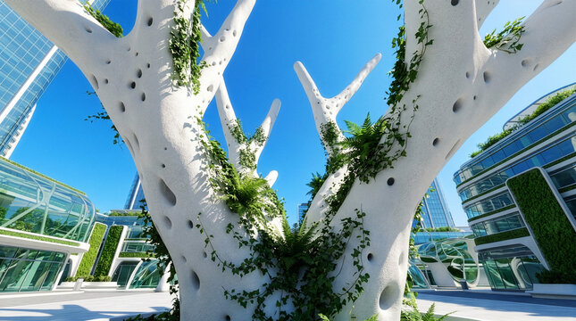 Futuristic white tree-shaped structures with climbing plants in eco-city