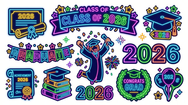 Colorful Neon Graduation Elements Collection for Education Design