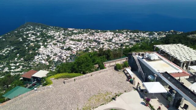 Stunning drone shot of Capri island landscape from Monte Solaro summit viewpoint