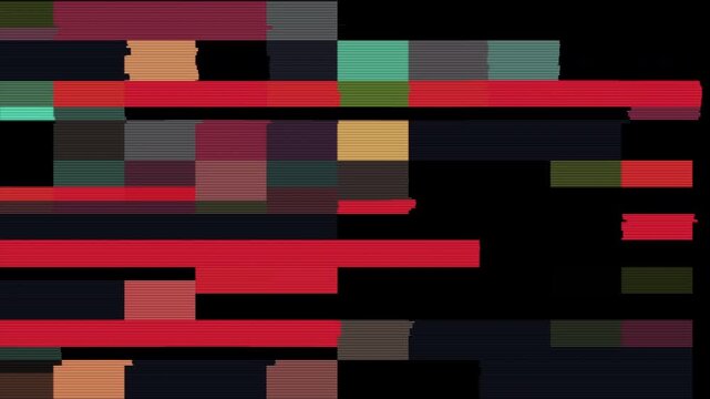 Glitch background featuring colorful horizontal bars and rectangular shapes on dark black.
