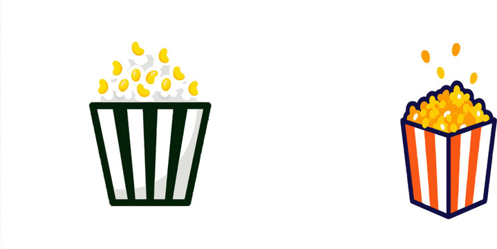 A whimsical, hand-drawn illustration of a striped popcorn box overflowing with vibrant yellow kernels against a solid white background