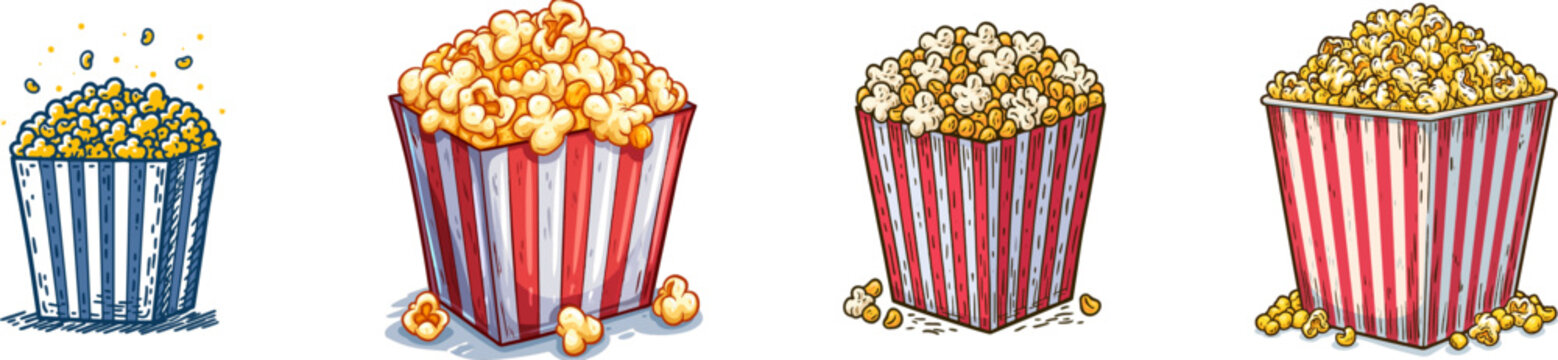 A vibrant doodle illustration of a striped popcorn box overflowing with yellow kernels, set against a solid white background, exudes cheerful energy and whimsical charm