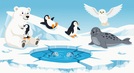 Cute arctic animals polar bear penguins seal owl and fish in ice cave vector illustration © PDWN Creative