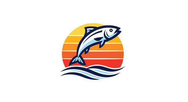 Bass fish jumping over waves with retro sunset vector logo