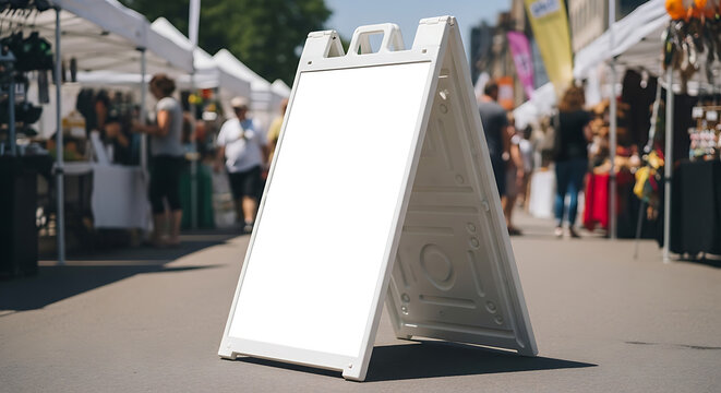 Blank white a-frame sidewalk sign board at an outdoor street fair or craft market with advertising template information business promotion shopping placement festival