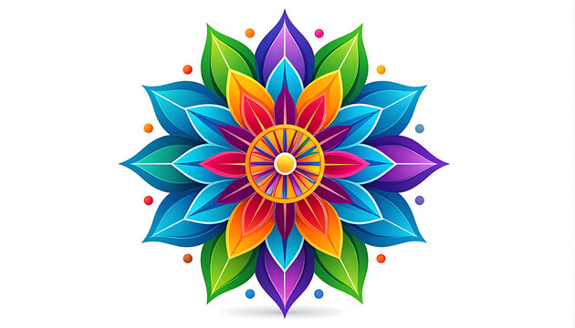 Colorful mandala flower pattern with intricate details and vibrant gradient colors, isolated on a white background