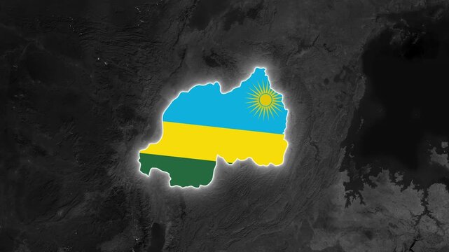 Rwanda Map Animation with Flag Texture and Provinces on Black and White Satellite Earth Background