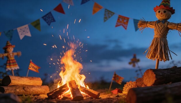 Festa Junina celebration with a glowing bonfire. Traditional Brazilian festival at night with straw dolls and colorful flags