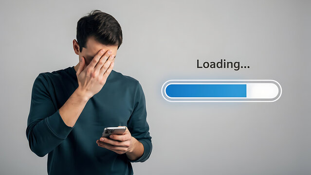 Frustrated man waiting for loading on smartphone