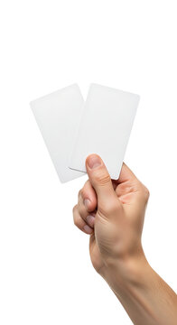Hand holding two blank white playing cards isolated on white background with template gambling presentation isolated activity