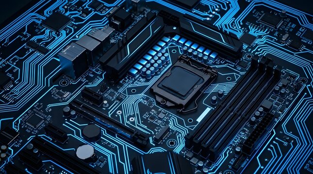 Close-up view of a computer motherboard with glowing blue circuits and processor