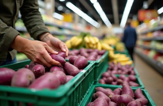 Person selects fresh purple sweet potatoes from green crate at supermarket. Person chooses root vegetable from display shelf in food store. Other produce like bananas visible.