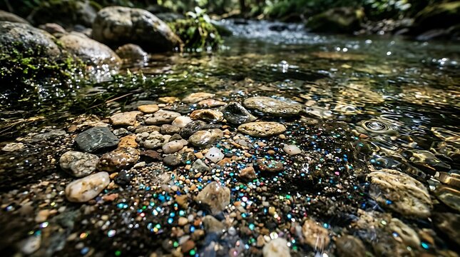 Microplastic particles mixed with stones in a forest stream, microplastics