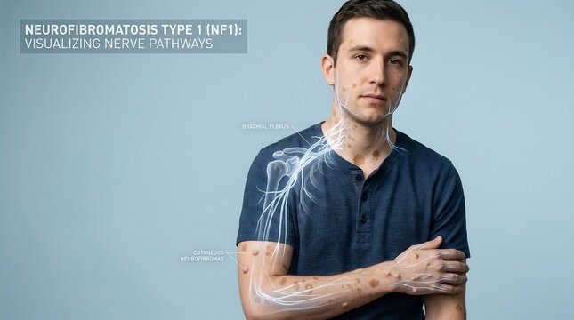 Man displaying cutaneous signs of neurofibromatosis on his arm and shoulder stands as a digital graphic illustrates the specific nerve pathways affected by this complex genetic medical condition.