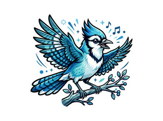 Fototapeta premium An illustration of a cute blue parrot perched on a tree branch in the wild