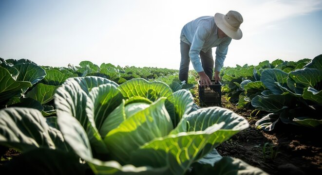 Farmer harvesting fresh cabbage in a field under a bright sky.