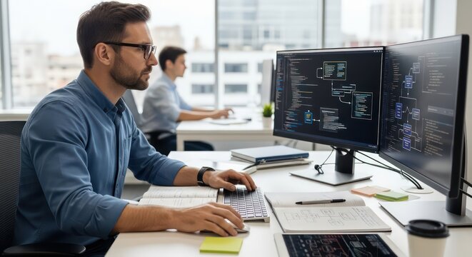 Man working on computer in modern office with dual monitors.