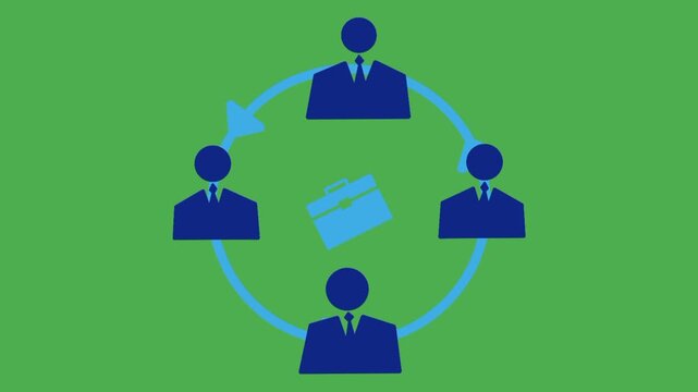Animated job rotation concept featuring multiple business people, rotating arrows, and work bags. Visual representation of dynamic career movement and organizational flexibility.