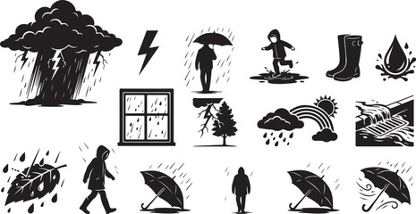 Obraz premium Set of weather icons with rain, storm, umbrella, boots, rainbow, and leaf isolated on white background, Vector