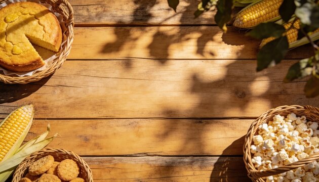 Rustic wooden table with corn-based foods and fresh corn. Flat lay of cornbread, popcorn, and ears of corn for a harvest celebration. Copy space
