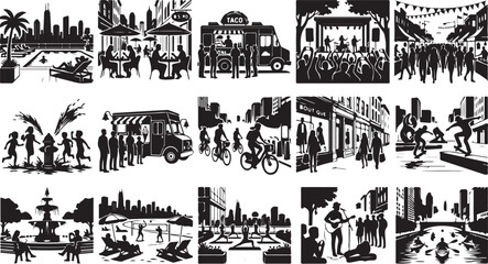 Fototapeta premium City life montage with people enjoying various outdoor activities, food trucks, and music events isolated on white background, Vector