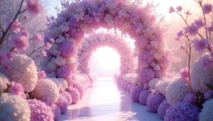 Fototapeta premium Floral archway pathway made of pastel pink and white flowers. Romantic entrance decor for wedding or event. Soft light shines through flower tunnel.