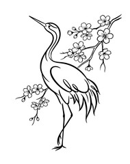 Fototapeta premium Vector illustration of a graceful crane standing beside a flowering branch, symbolizing peace, longevity and natural beauty, isolated on a transparent background. Asian style