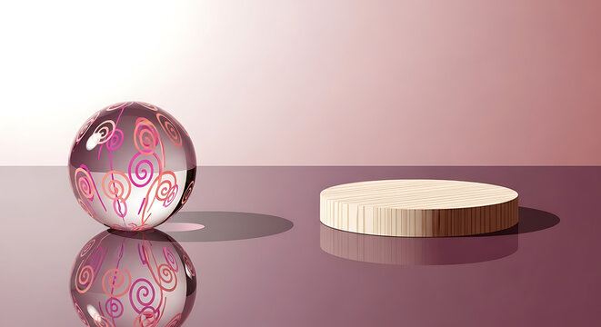 Clear glass marble with pink swirl pattern resting next to a white round textured pedestal reflection platform minimalist geometric backdrop composition abstract showcase artistic