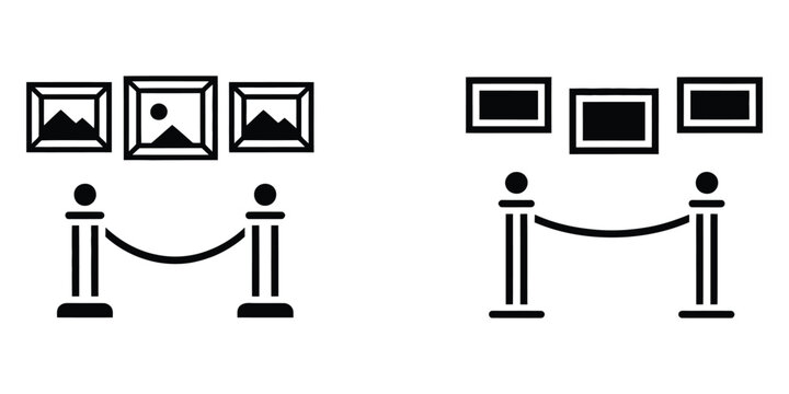 Exhibition of paintings icon symbol showcasing picture gallery elements, artwork display graphics and isolated white background illustration