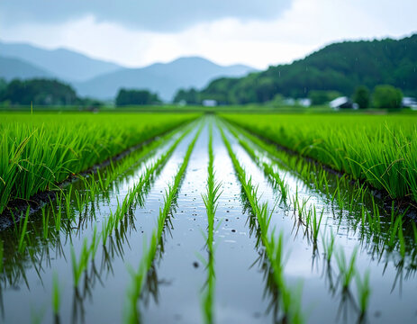 雨上がりの田んぼに植えられた青々とした稲と山々の風景　日本の農村の自然環境と初夏の瑞々しさを感じさせる田園地帯の背景素材　農業と食文化をテーマにした広報チラシやWebバナーのイメージ画像