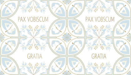 Elegant seamless pattern with Latin phrases "Pax Vobiscum" and "Gratia" in a light blue and gold color palette, featuring floral and geometric motifs. © JUN