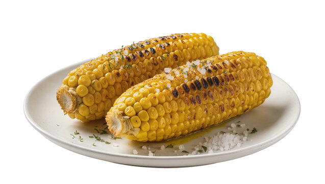 Two grilled corn on the cob with salt and herbs, isolated on transparent background