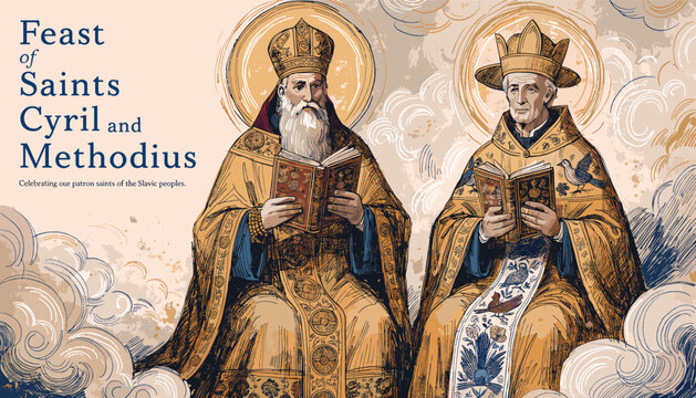 Feast of Saints Cyril and Methodius: Celebrating the patron saints of Europe with a depiction of two bishops holding books.