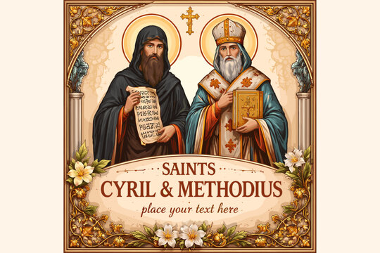 An ornate depiction of Saints Cyril and Methodius, holding scrolls and books, surrounded by decorative elements and floral motifs.