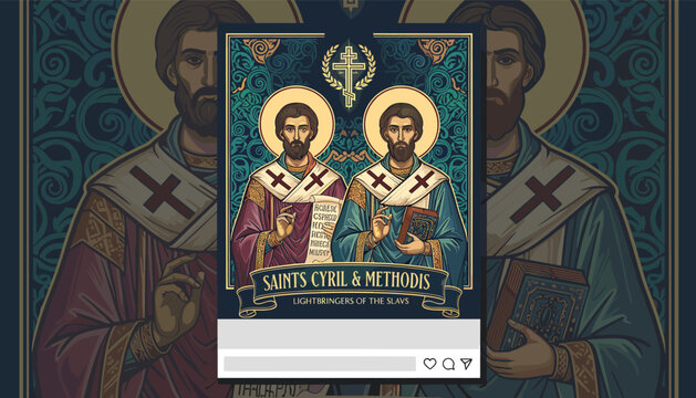 An artistic depiction of Saints Cyril and Methodius, patrons of Europe, in a style reminiscent of Byzantine icons, presented within a social media post frame.