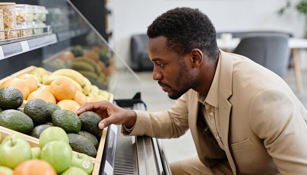 Black man in a tan suit selecting an avocado in a grocery store. Professional male customer shopping for fresh produce in a modern supermarket. Healthy lifestyle and nutrition concept