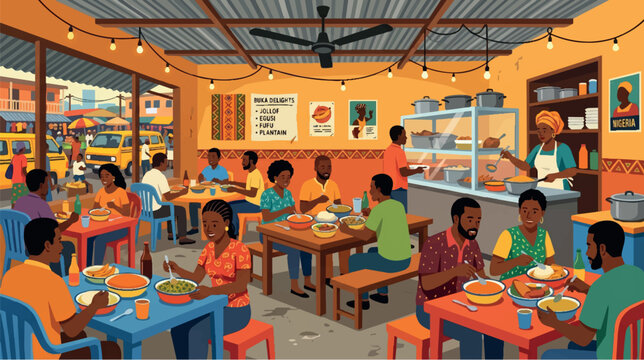 Traditional Nigerian Buka Restaurant Interior, People Eating African Food Vector