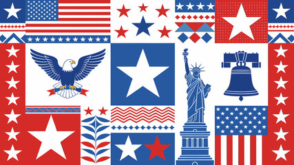 A vibrant collage of American patriotic symbols including the flag, eagle, Statue of Liberty, and Liberty Bell, set against a red, white, and blue color scheme. © JUN