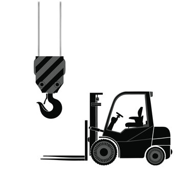Black forklift truck and crane hook with grey stripes on white background industrial