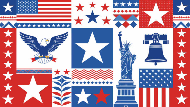 A vibrant collage of American patriotic symbols including the flag, eagle, Statue of Liberty, and Liberty Bell, set against a red, white, and blue color scheme.