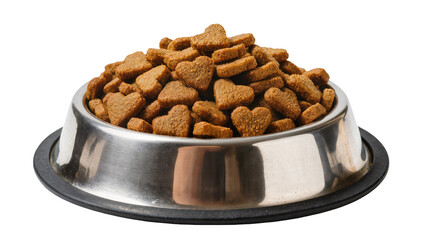 Heart-shaped dog food kibble piled high in a shiny metal bowl, isolated on transparent background © Viktor
