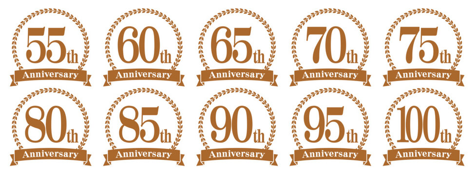 アニバーサリーのロゴ「55周年、60周年、65周年、70周年、75周年、80周年、85周年、90周年、95周年、100周年」
