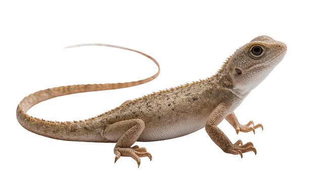 Bearded dragon reptile with textured scales and long curved tail, isolated on transparent background