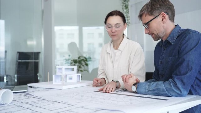 Architects collaborating on an innovative construction project, reviewing blueprints and design plans while working on a scale model in a modern office