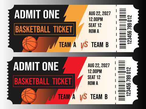 Basketball tickets, sports event tickets, admit one tickets, game tickets, basketball ticket design vector 