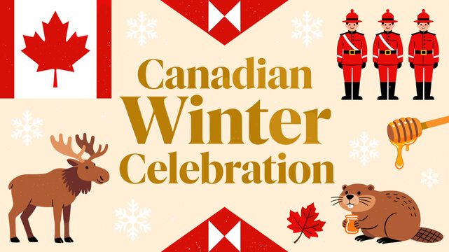 Illustration of a Canadian Winter Celebration featuring national symbols like the flag, Mounties, moose, beaver, and maple leaves.